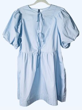 H&M Tie-Detail Puff-Sleeved Dress In Light Blue. Size Large